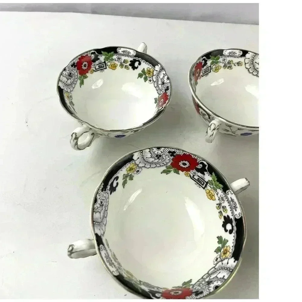 VTG Set of 5‎ Swansea Soup Dish Bowl Floral Pattern Bone China Canton Gold Trim